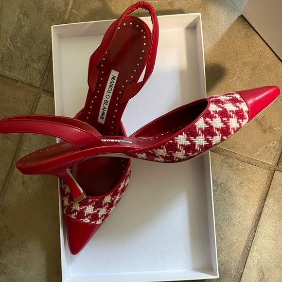 MANOLO BLAHNIK CAROLYNE 50 HOUNDSTOOTH TWEED SLINGBACK PUMPS RED 8.5 - Picture 2 of 4